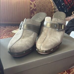 Stylish Beige Suede Clogs with Studded Trim